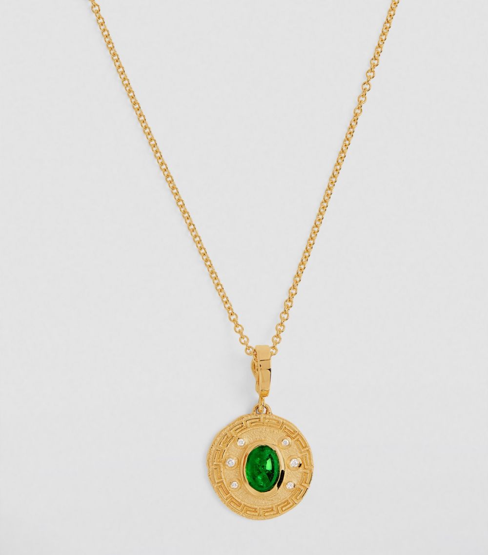 Azlee Azlee Yellow Gold, Diamond And Emerald Small Greek Coin Necklace