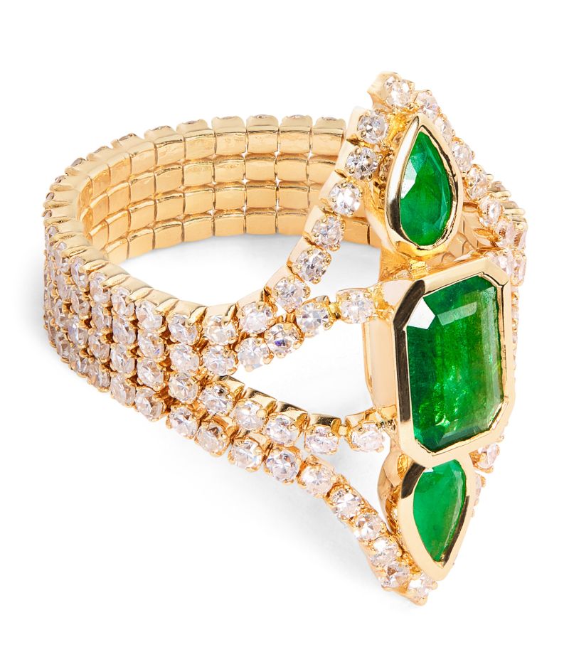 Shay Shay Yellow Gold, Diamond And Emerald Deco Stacked Thread Ring