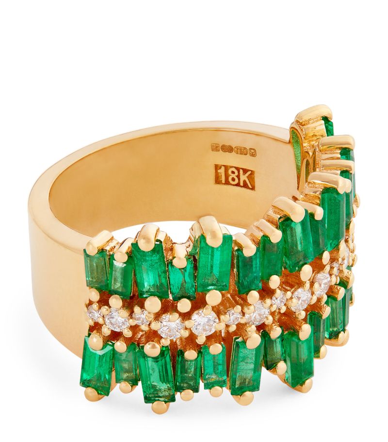 Suzanne Kalan Suzanne Kalan Yellow Gold, Diamond And Emerald Triple-Row Halfway Ring (Size 7)