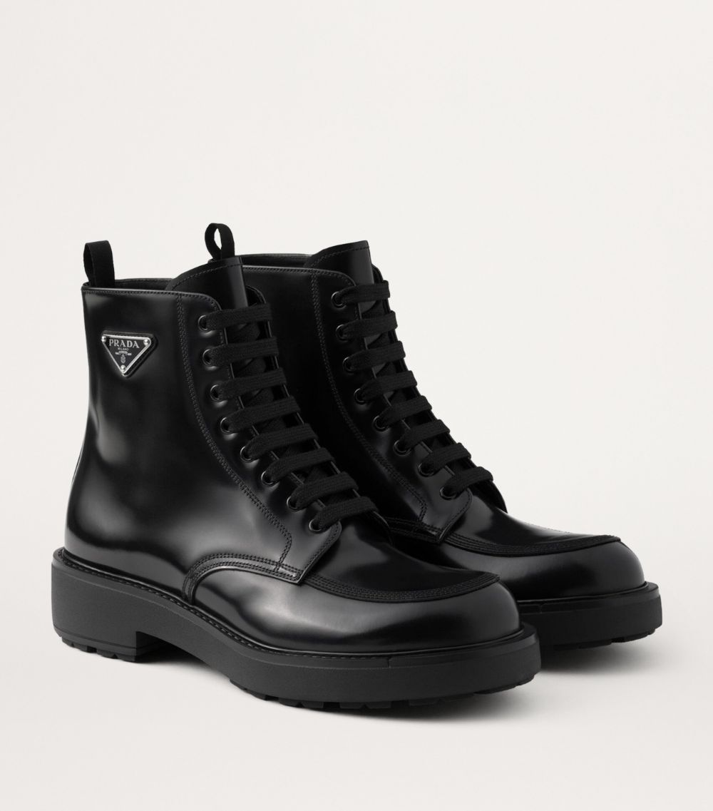 Prada Prada Leather Logo-Plate Lace-Up Boots