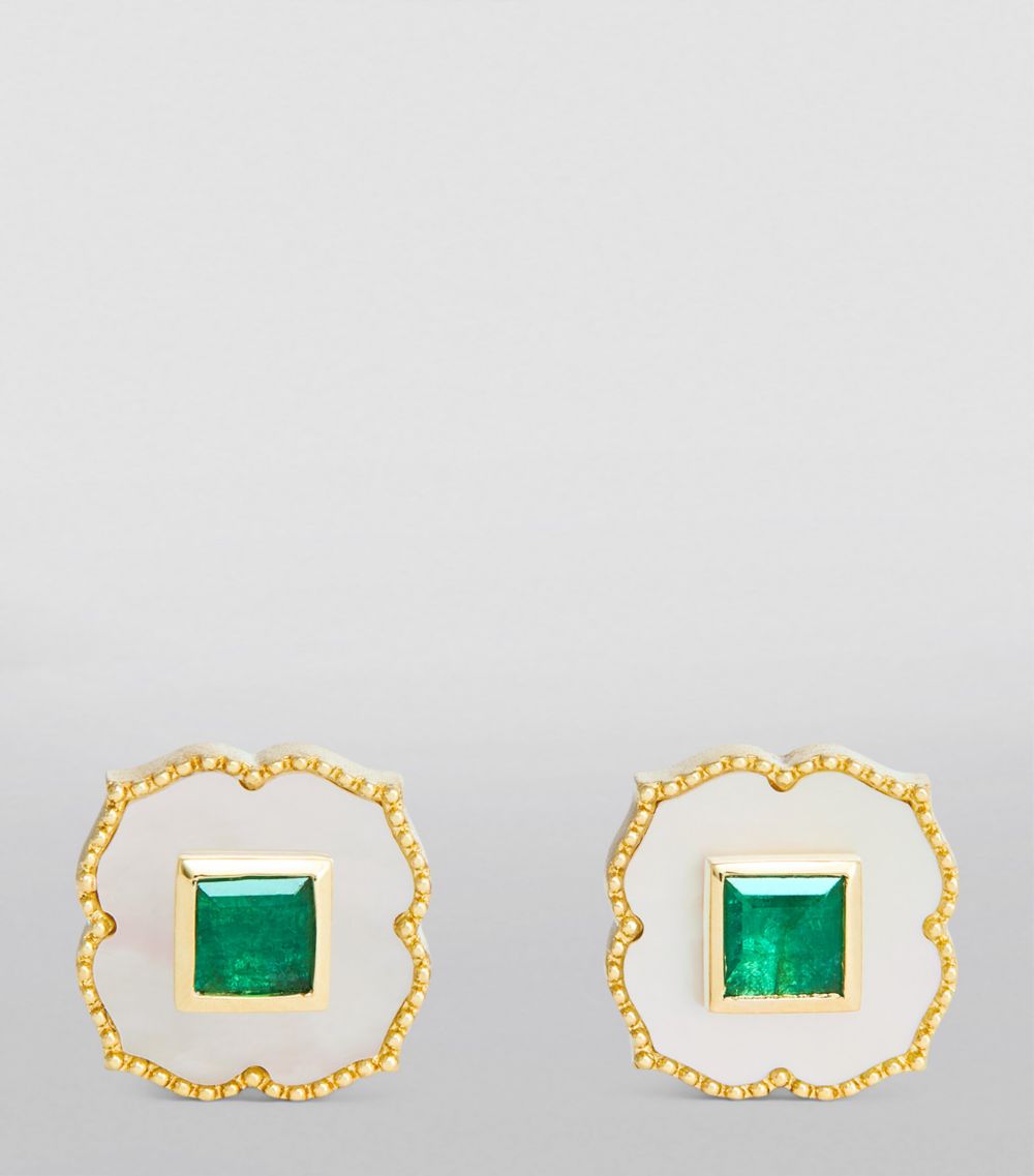 Orly Marcel Orly Marcel Yellow Gold, Emerald And Mother-Of-Pearl Lotus Earrings