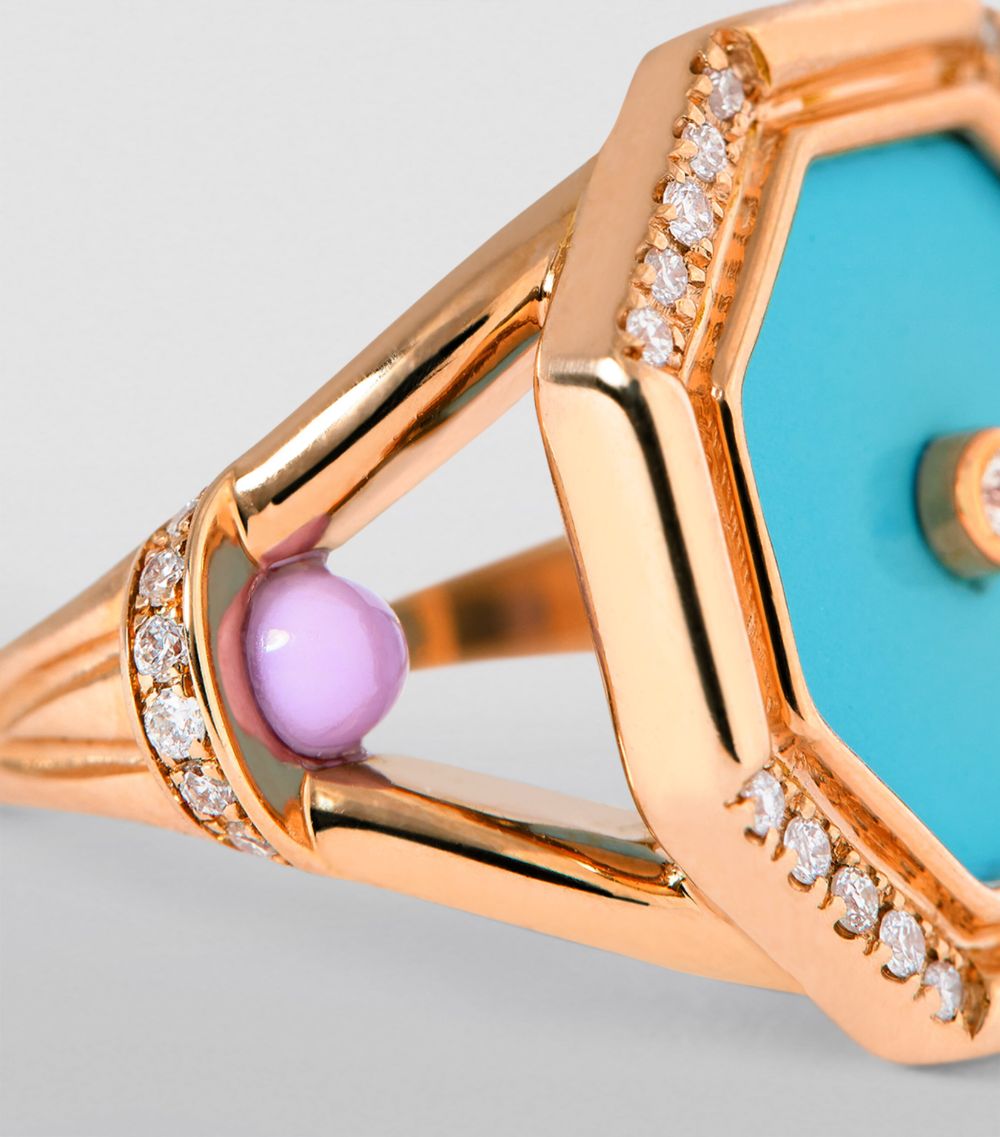 L'Atelier Nawbar L'Atelier Nawbar Rose Gold, Diamond And Turquoise Amulets Of Light Ring