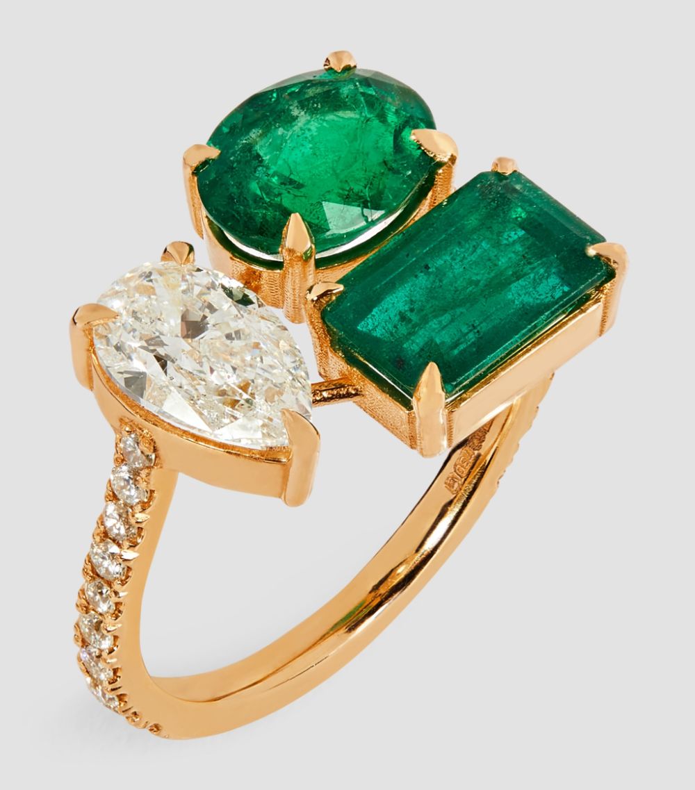 Shay Shay Yellow Gold, Diamond And Emerald Triple Threat Ring (Size 7)