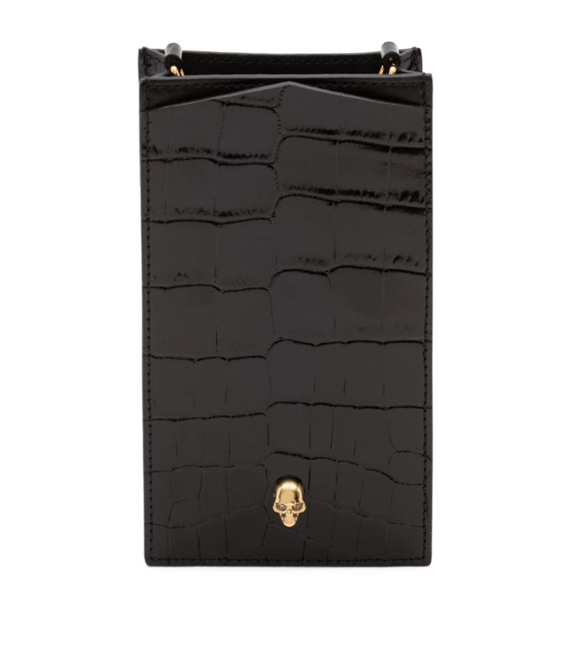 Alexander McQueen Alexander Mcqueen Skull-Embellished Croc-Embossed Leather Phone Case