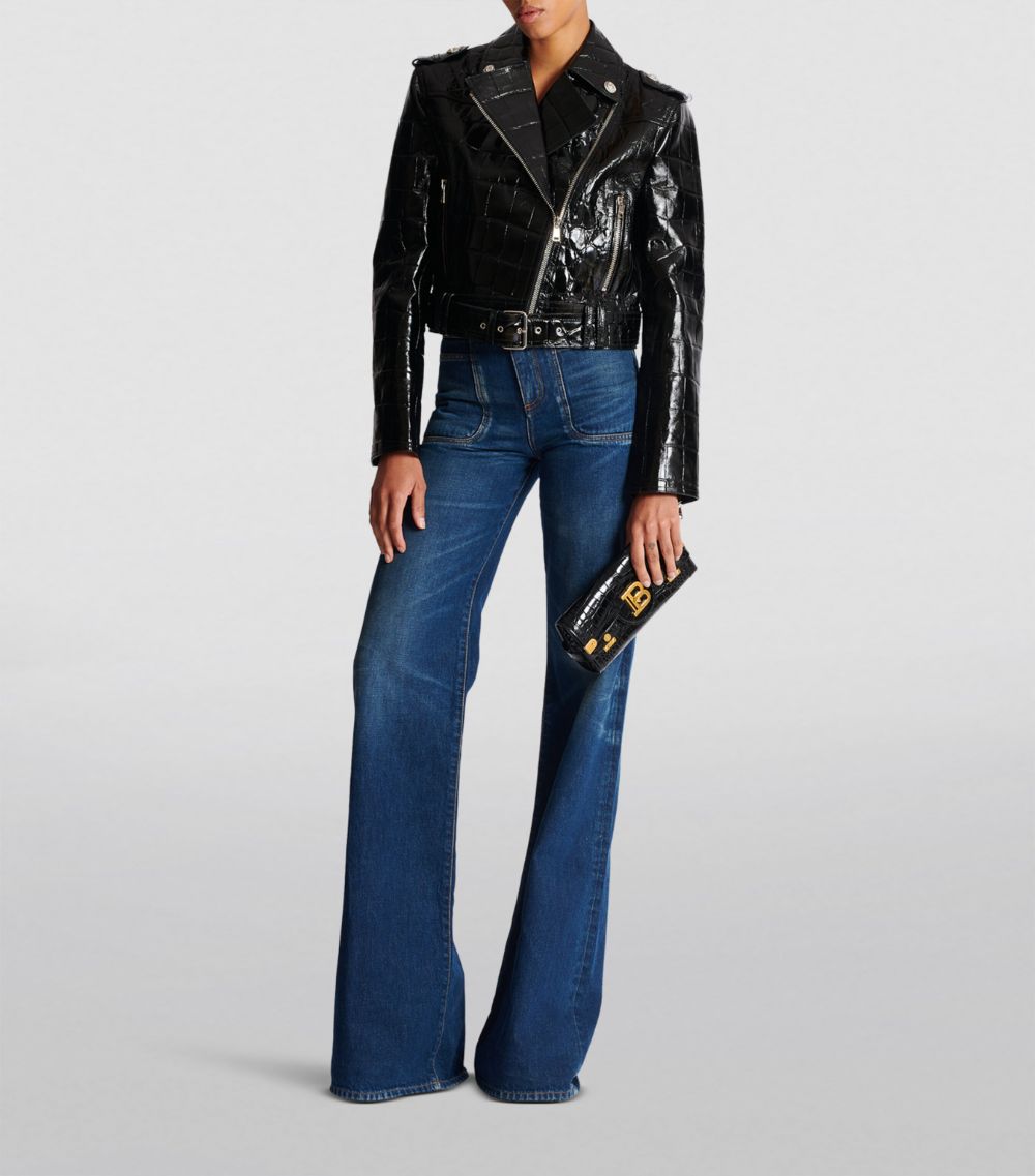 Balmain Balmain Leather Croc-Embossed Biker Jacket