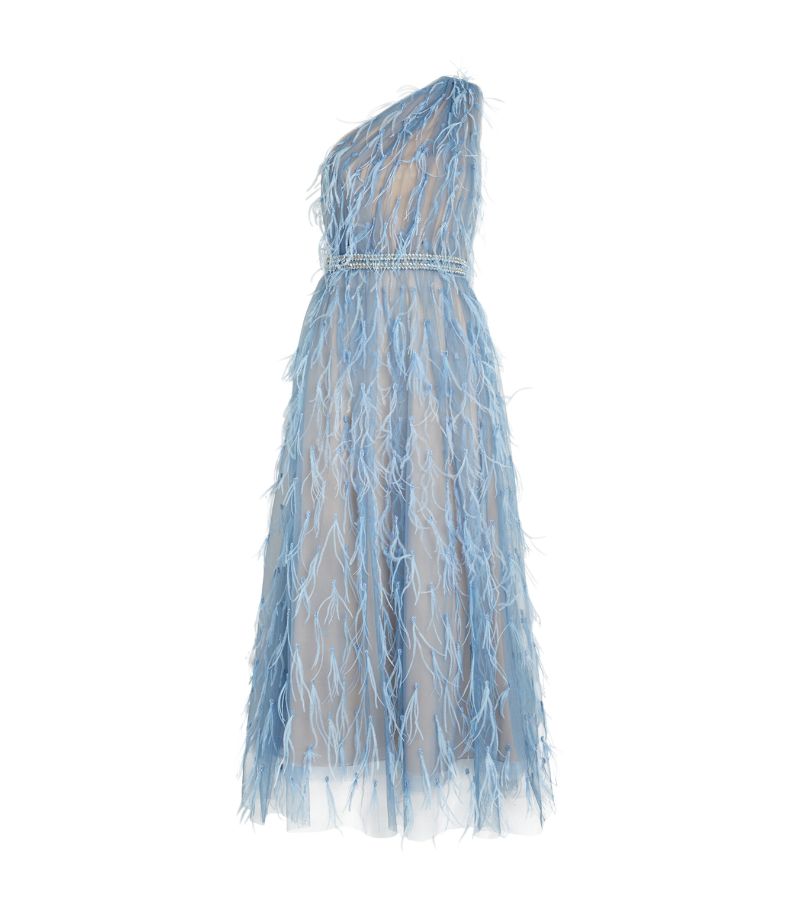 Marchesa Marchesa Feather-Detail One-Shoulder Midi Dress