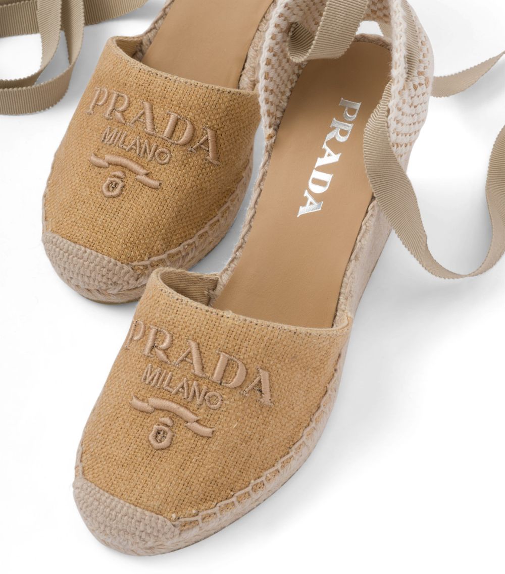 Prada Prada Linen Logo Wedge Sandals 90