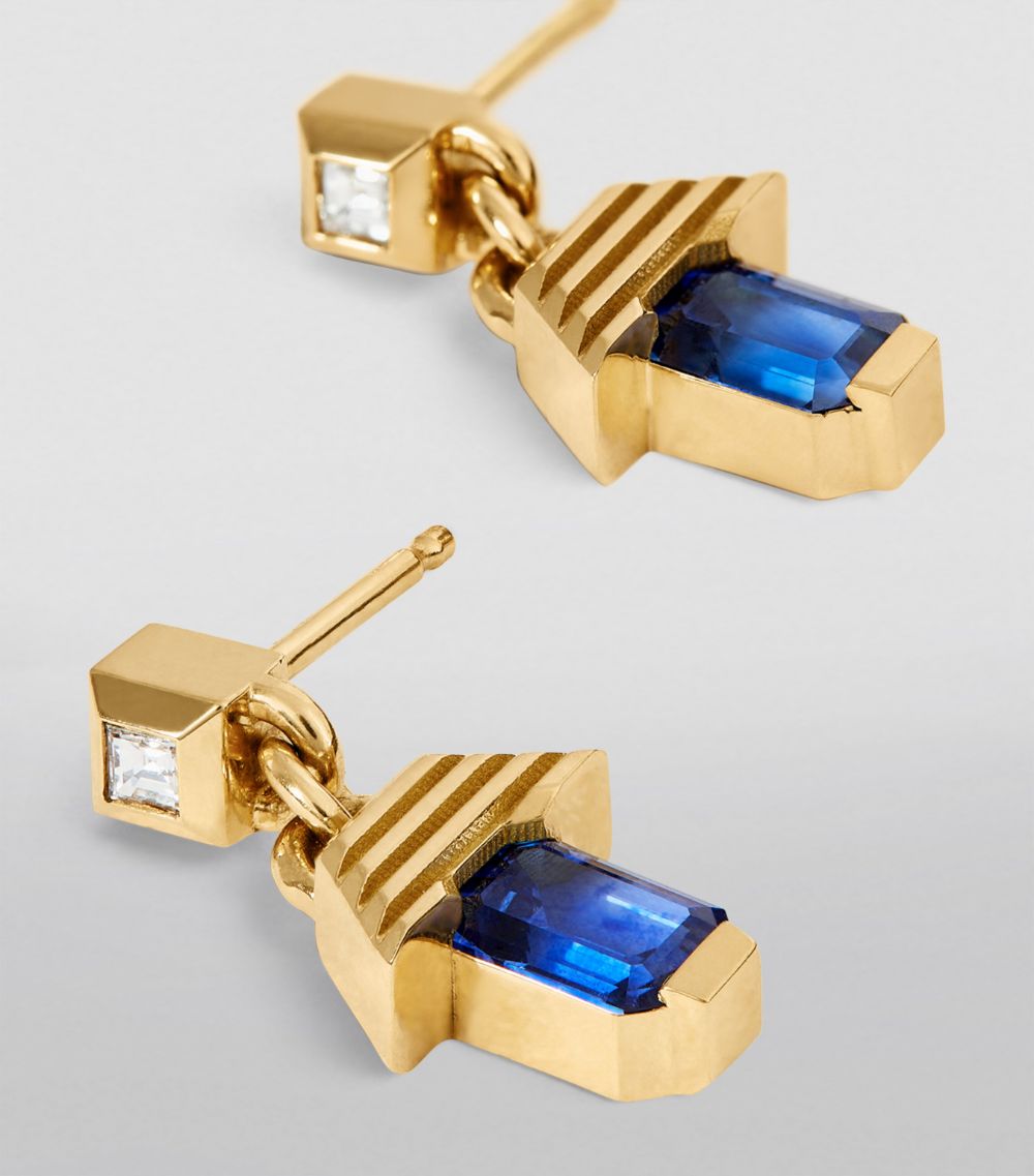 Azlee Azlee Small Yellow Gold, Diamond And Sapphire Escalier Drop Earrings