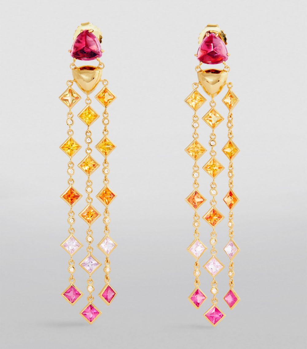 Orly Marcel Orly Marcel Yellow Gold, Pink Tourmaline, Sapphire And Diamond Temple Chandelier Earrings