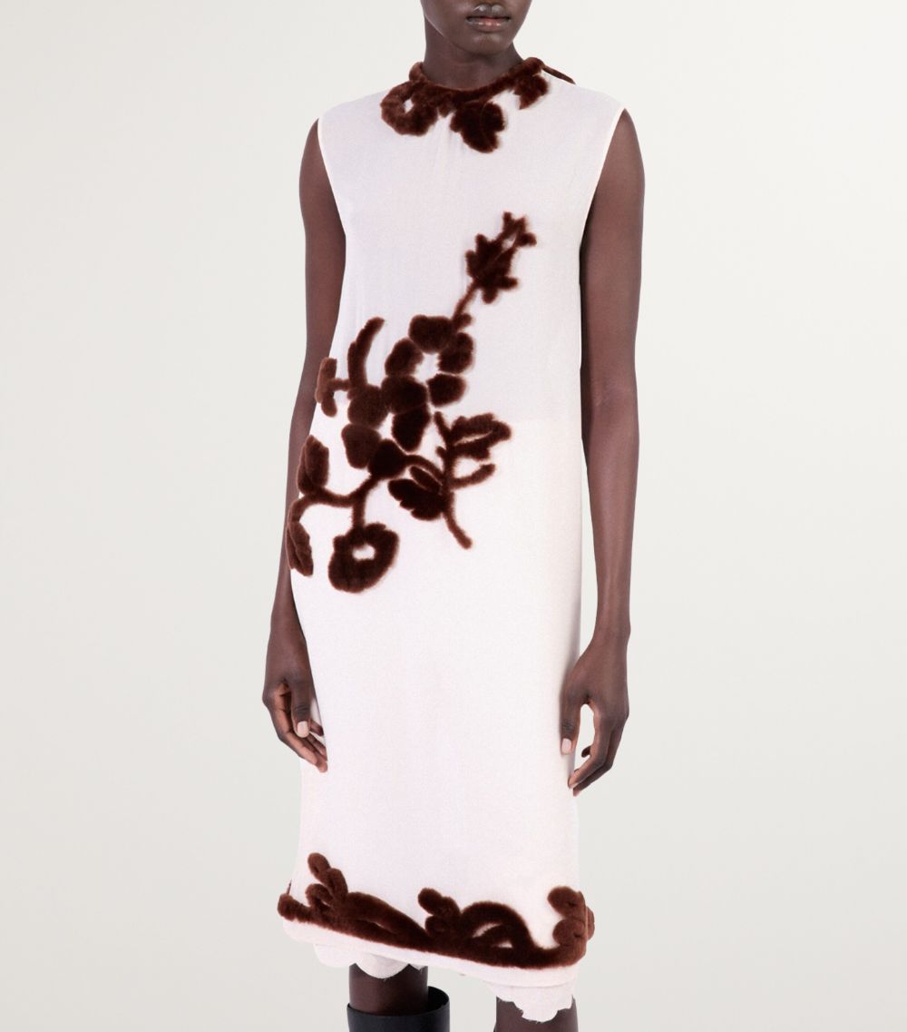 Prada Prada Silk Shearling-Appliqué Midi Dress