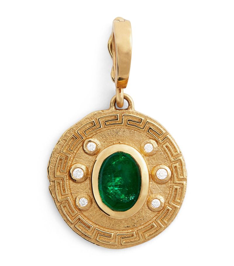Azlee Azlee Small Yellow Gold, Diamond And Emerald Greek Pattern Coin Charm