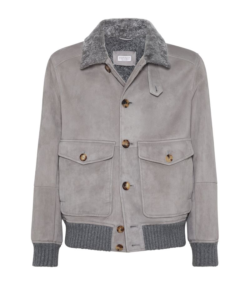 Brunello Cucinelli Brunello Cucinelli Shearling-Collar Suede Aviation Jacket