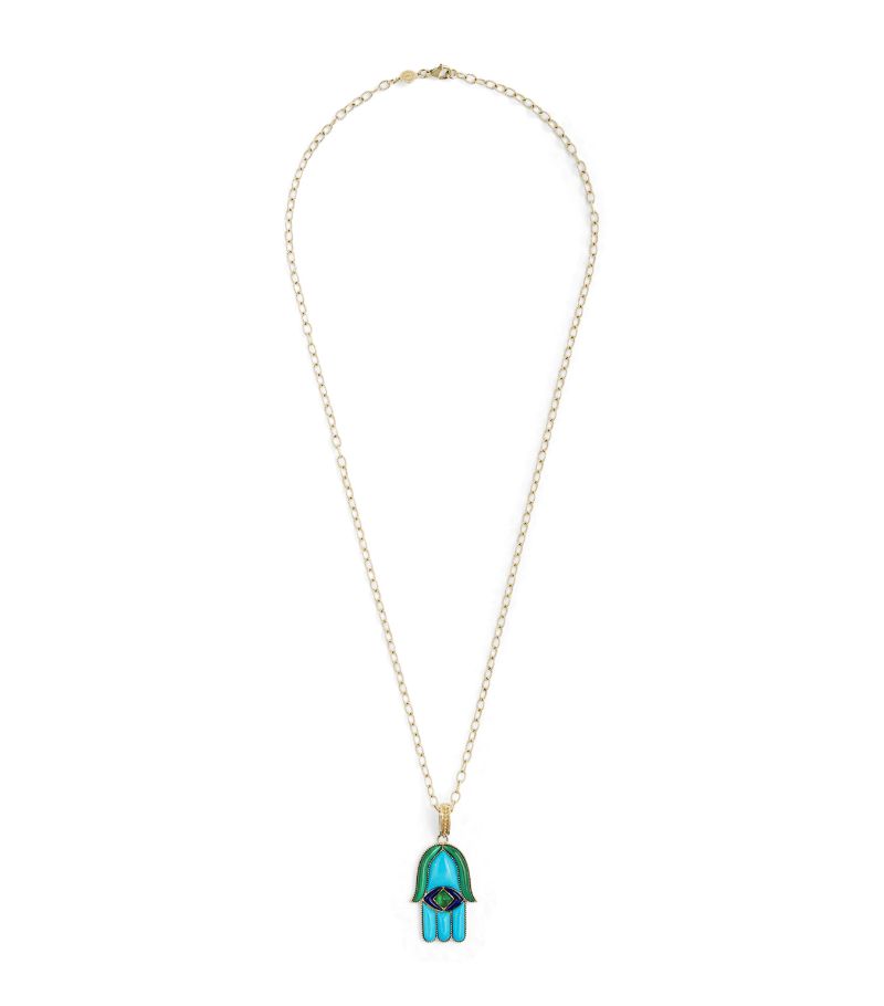 Orly Marcel Orly Marcel Yellow Gold, Turquoise, Lapis And Emerald Hamsa Necklace