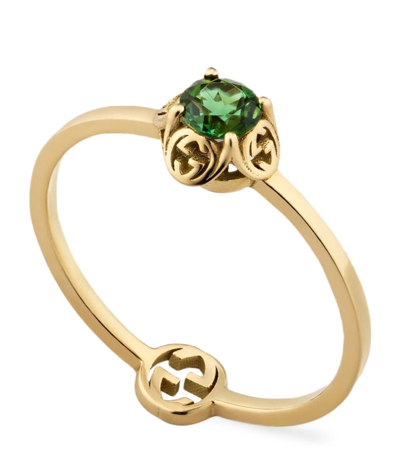 Gucci Gucci Yellow Gold And Tourmaline Interlocking G Ring