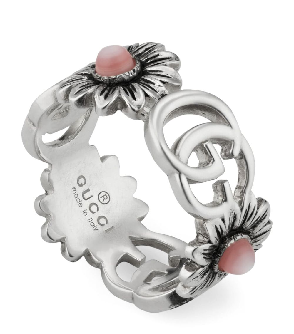 Gucci Gucci Sterling Silver, Mother-Of-Pearl And Topaz Double G Flower Ring