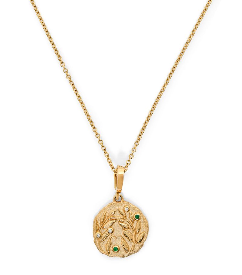 Azlee Azlee Yellow Gold, Diamond And Emerald Olive Branch Coin Necklace