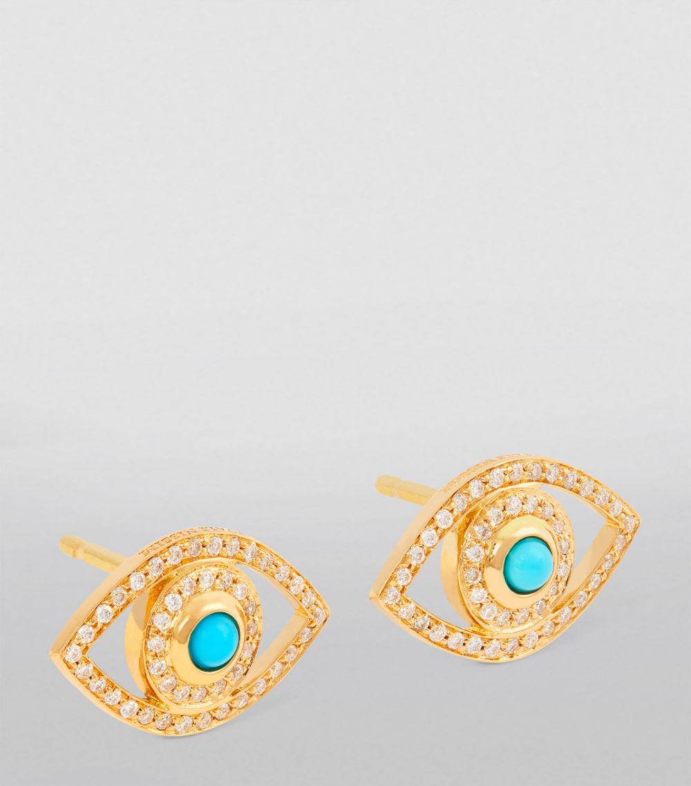 Netali Nissim Netali Nissim Yellow Gold, Diamond and Turquoise Protected Evil Eye Earrings