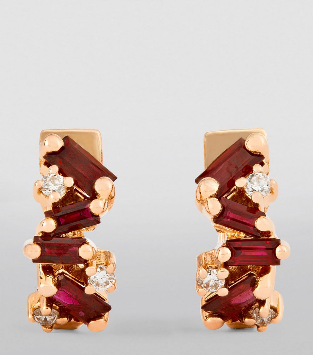 Suzanne Kalan Suzanne Kalan Rose Gold, Diamond and Ruby Frenzy Huggie Earrings