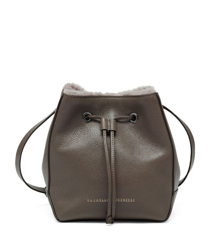 Brunello Cucinelli Brunello Cucinelli Small Shearling-Lined Bc Duo Bucket Bag