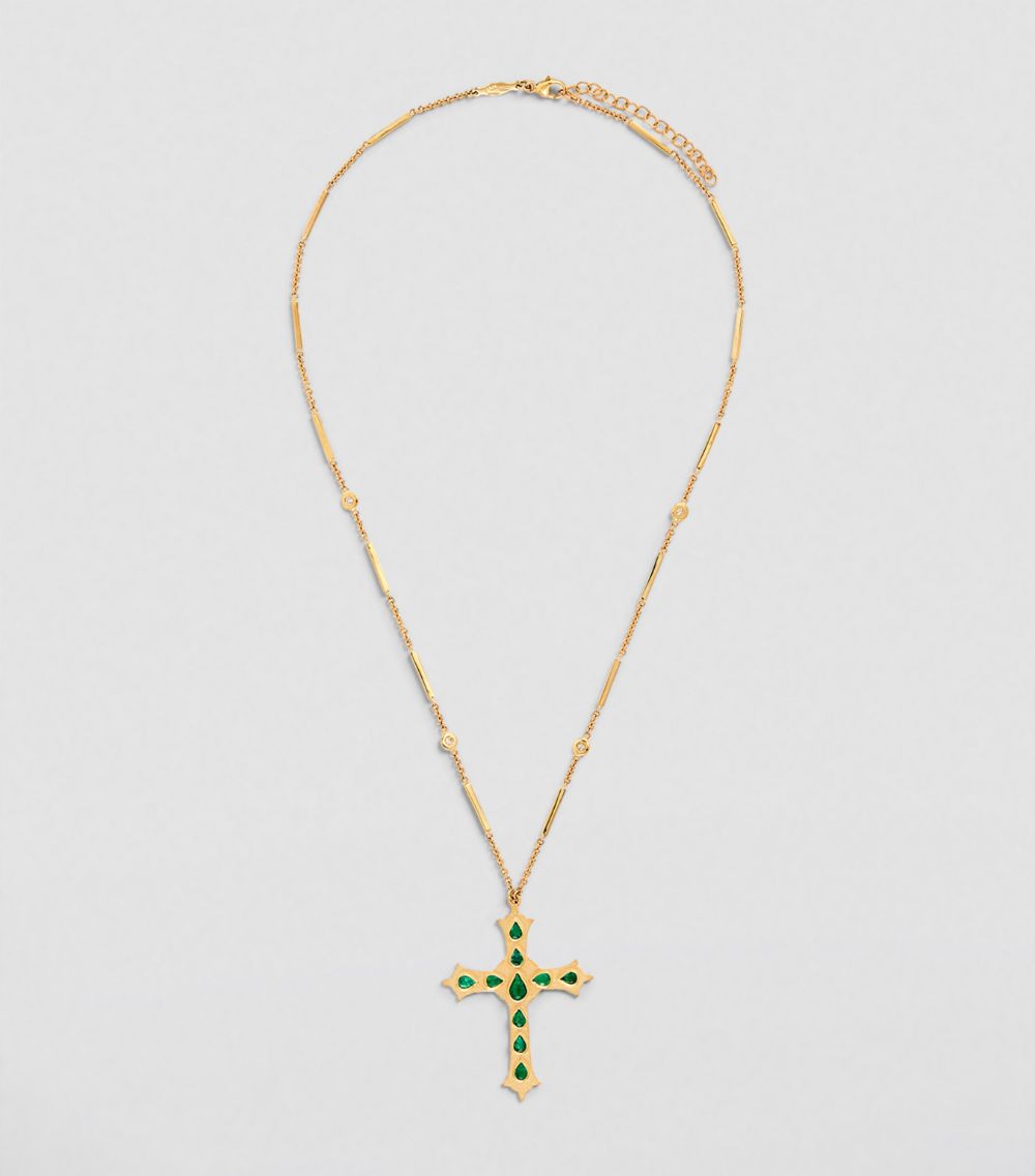 Jacquie Aiche Jacquie Aiche Yellow Gold, Diamond And Emerald Cross Necklace