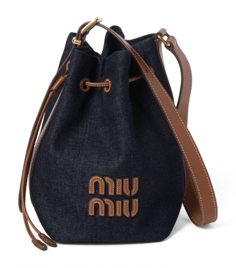 Miu Miu Miu Miu Denim And Leather Logo Bucket Bag