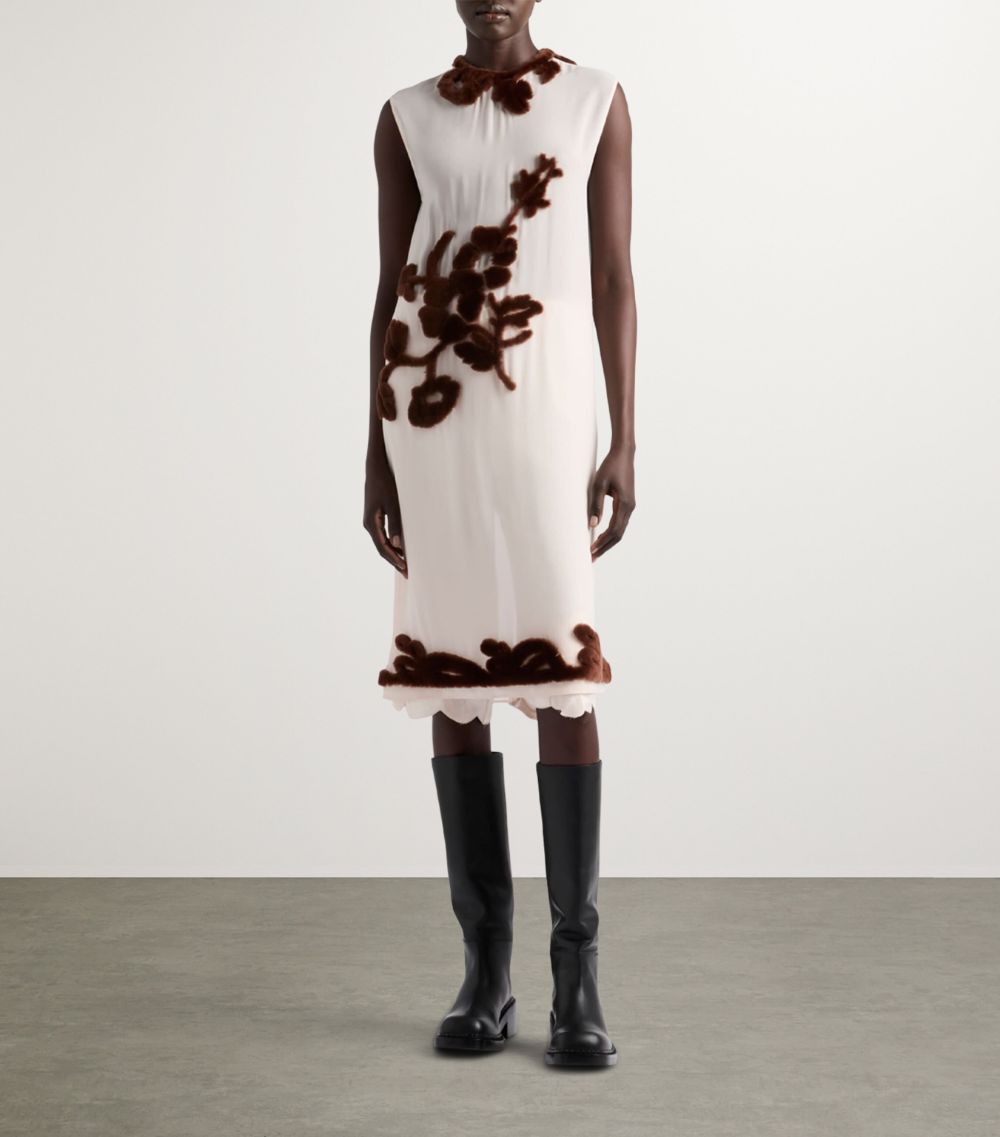 Prada Prada Silk Shearling-Appliqué Midi Dress