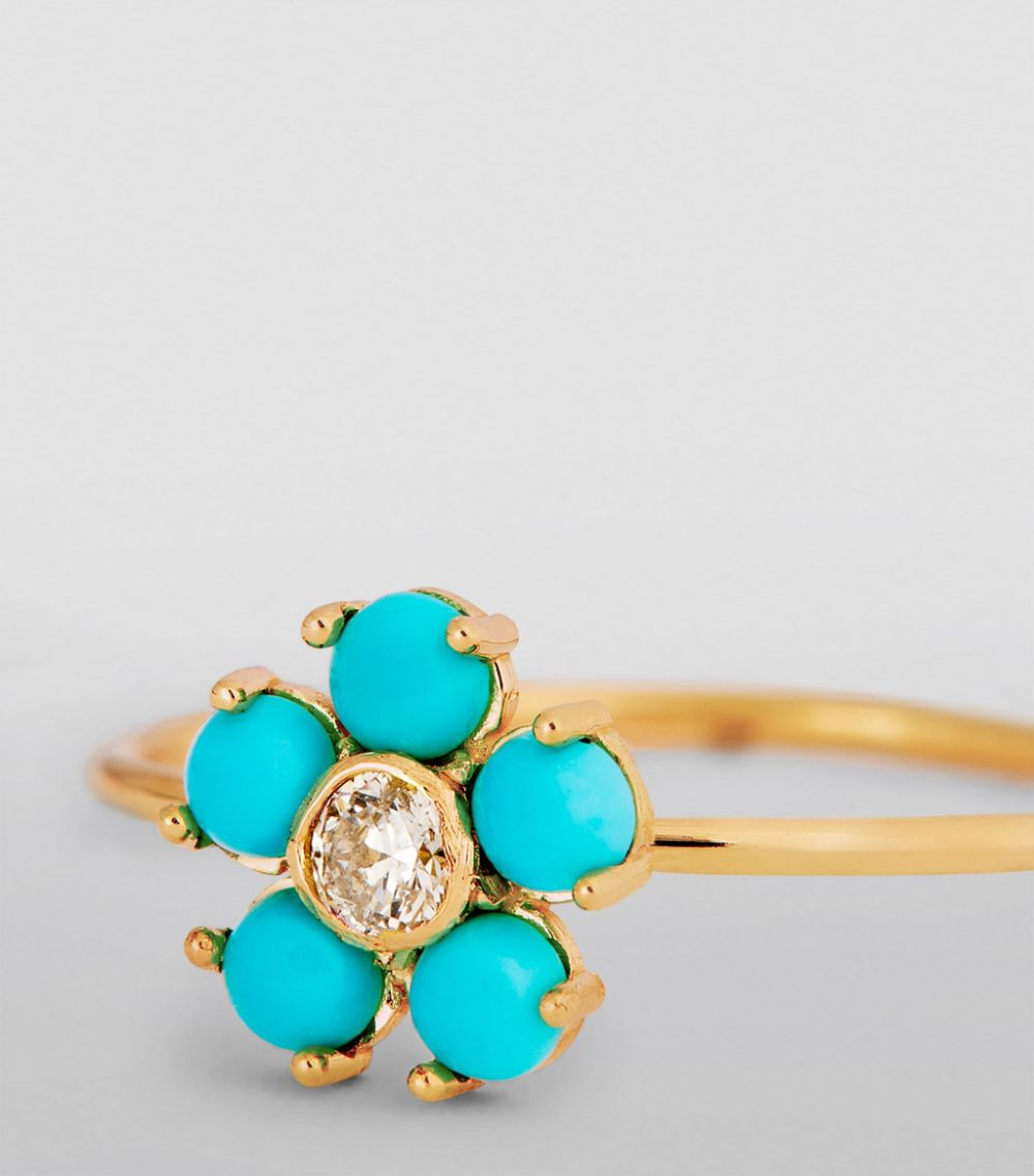 Jennifer Meyer Jennifer Meyer Yellow Gold, Diamond and Turquoise Flower Ring