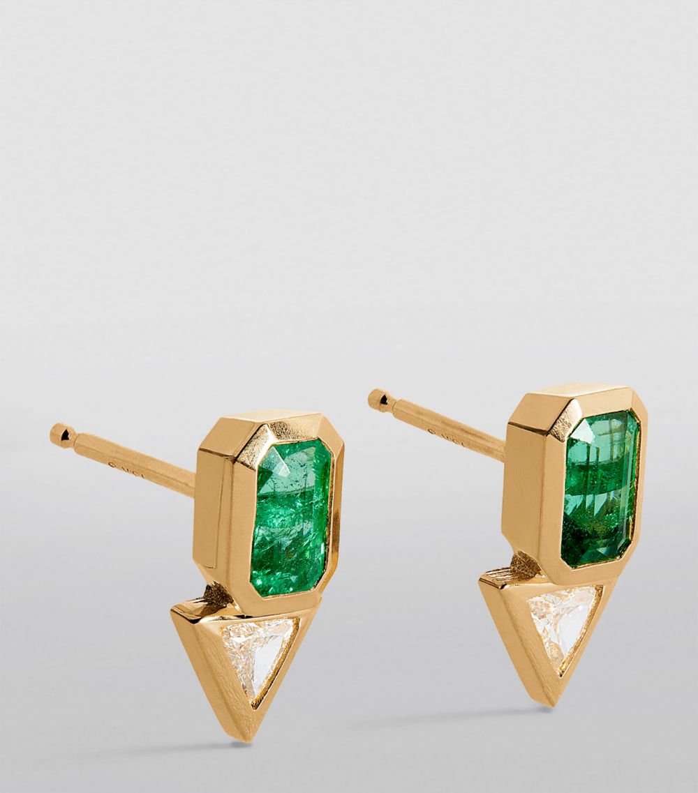 Azlee Azlee Yellow Gold, Diamond And Emerald Trillion Stud Earrings