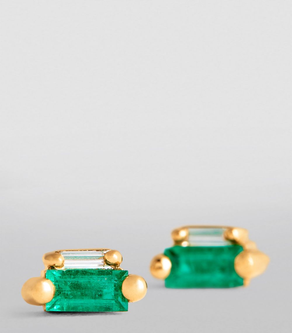 Suzanne Kalan Suzanne Kalan Yellow Gold, Diamond And Emerald Classic Double Stud Earrings