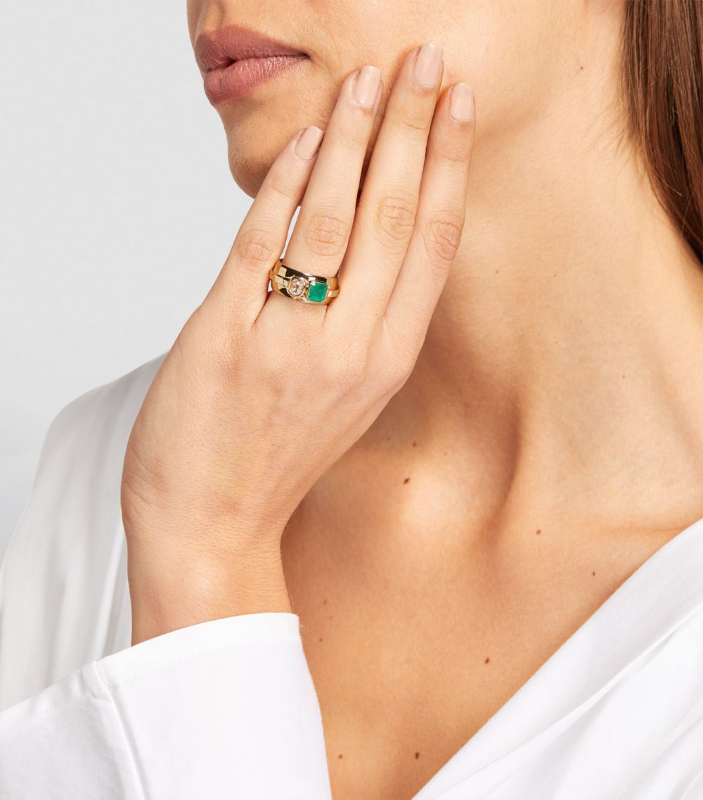 Azlee Azlee Yellow Gold, Diamond And Emerald Duet Staircase Ring
