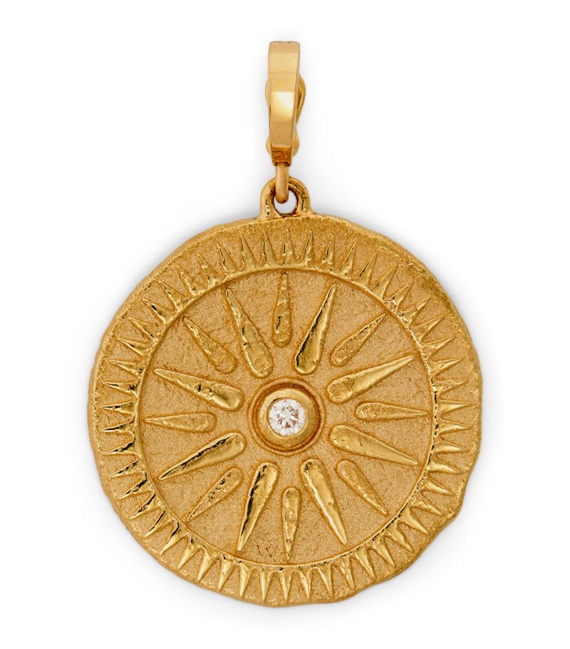 Azlee Azlee Large Yellow Gold And Diamond Sunburst Coin Charm