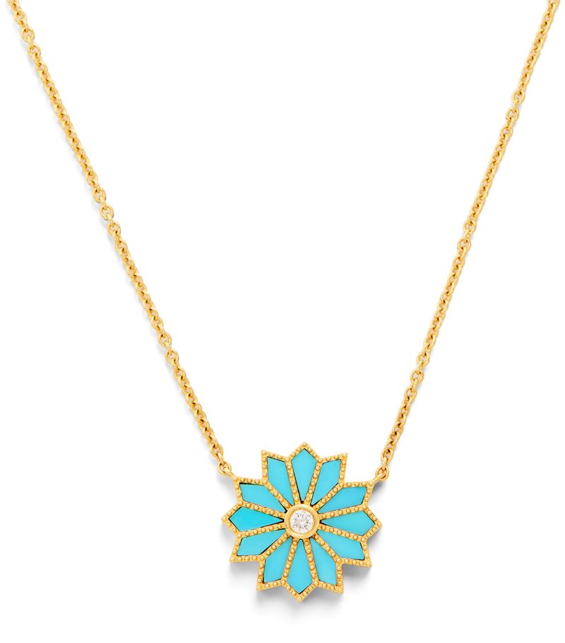 Orly Marcel Orly Marcel Mini Yellow Gold, Diamond And Turquoise Sacred Flower Necklace