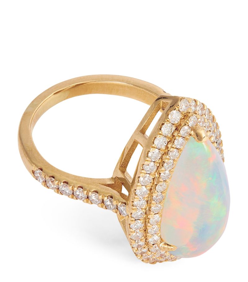 Jacquie Aiche Jacquie Aiche Yellow Gold, Diamond and Opal Double Halo Ring (Size 6.5)