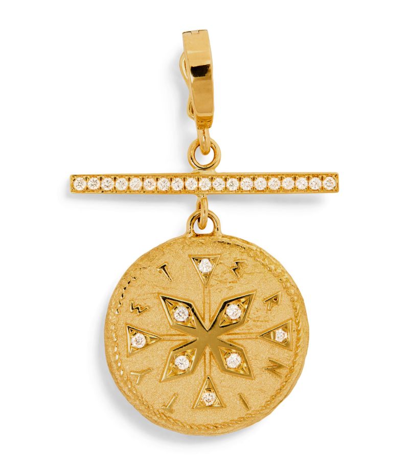 Azlee Azlee Small Yellow Gold And Diamond Compass Coin Charm