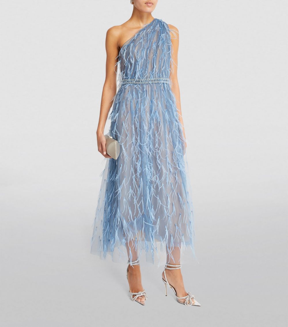 Marchesa Marchesa Feather-Detail One-Shoulder Midi Dress