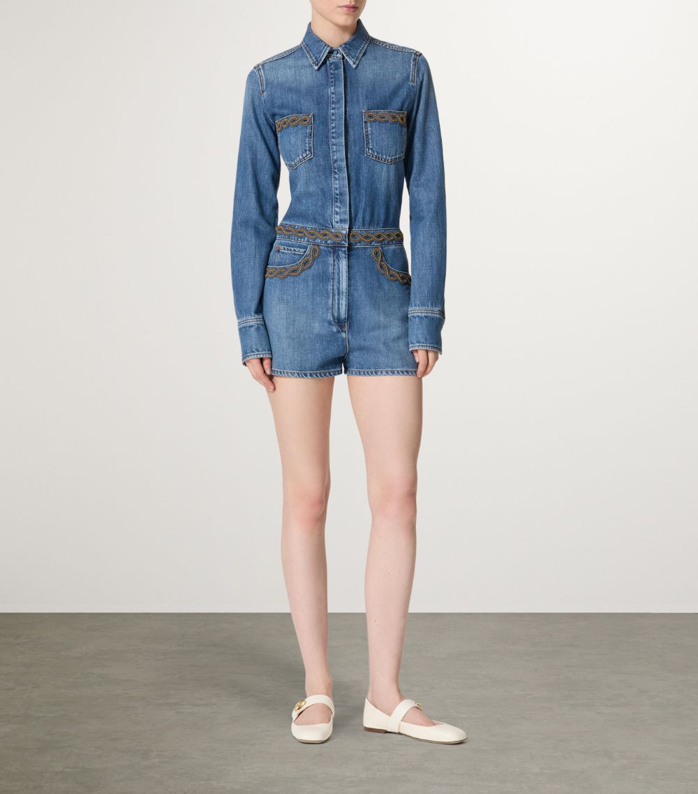 VALENTINO GARAVANI Valentino Garavani Denim Embroidered Playsuit