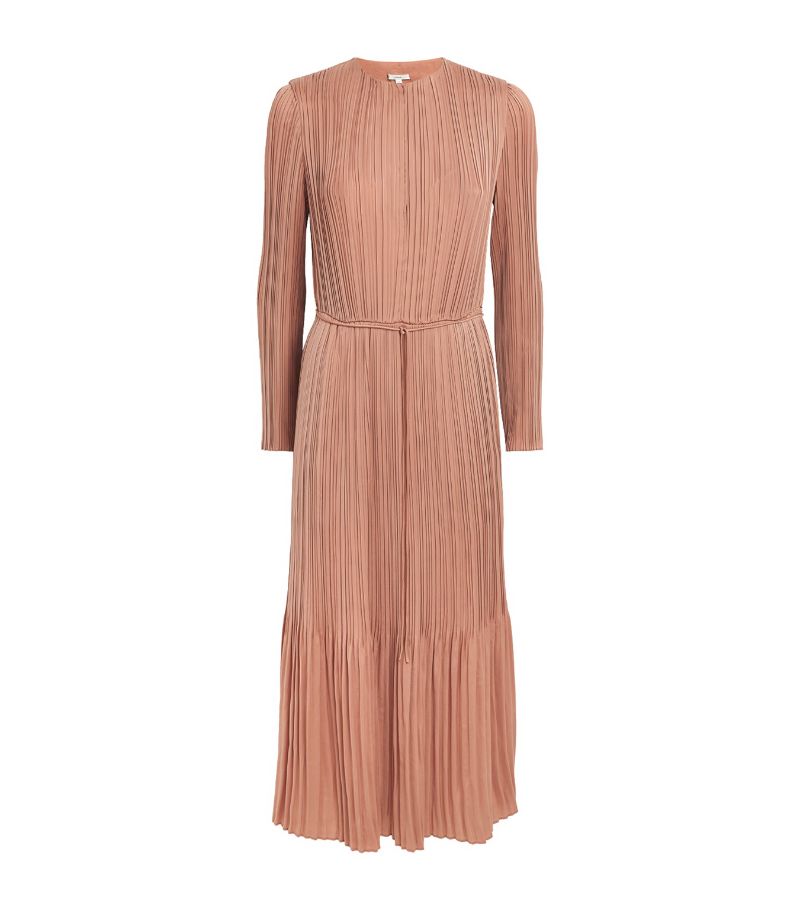 Vince Vince Satin Belted Pleated Midi Dress