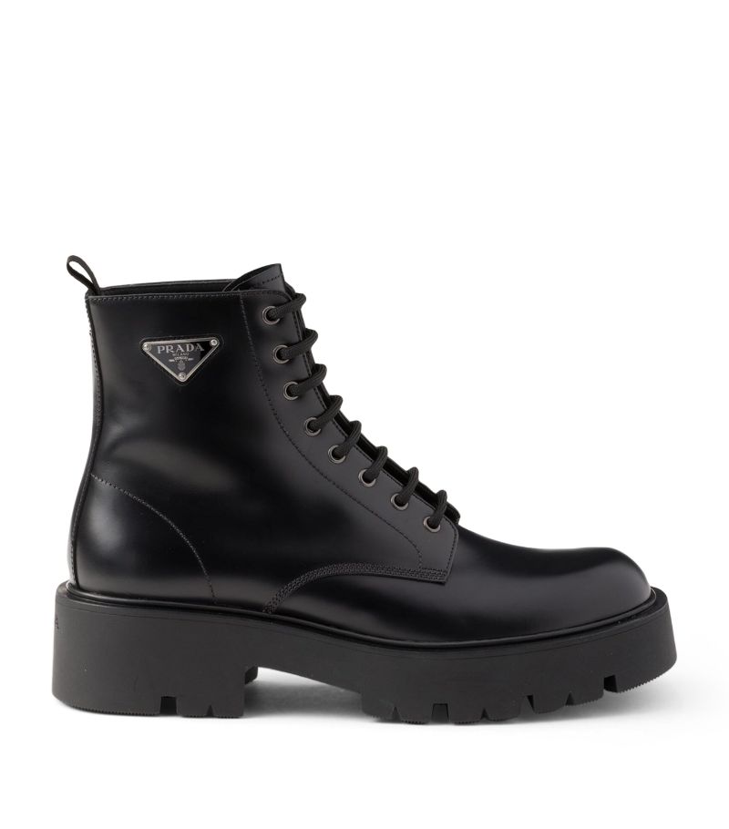 Prada Prada Leather Logo-Plate Lace-Up Boots