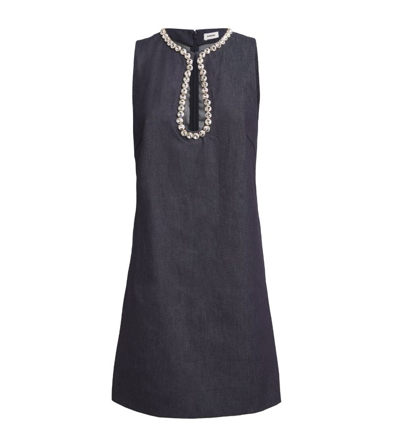  Sandro Denim Crystal-Neckline Dress