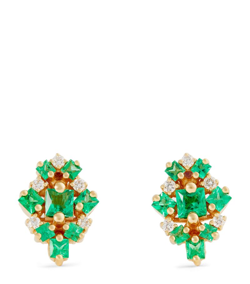 Suzanne Kalan Suzanne Kalan Yellow Gold, Diamond And Emerald La Fantaisie Stud Earrings