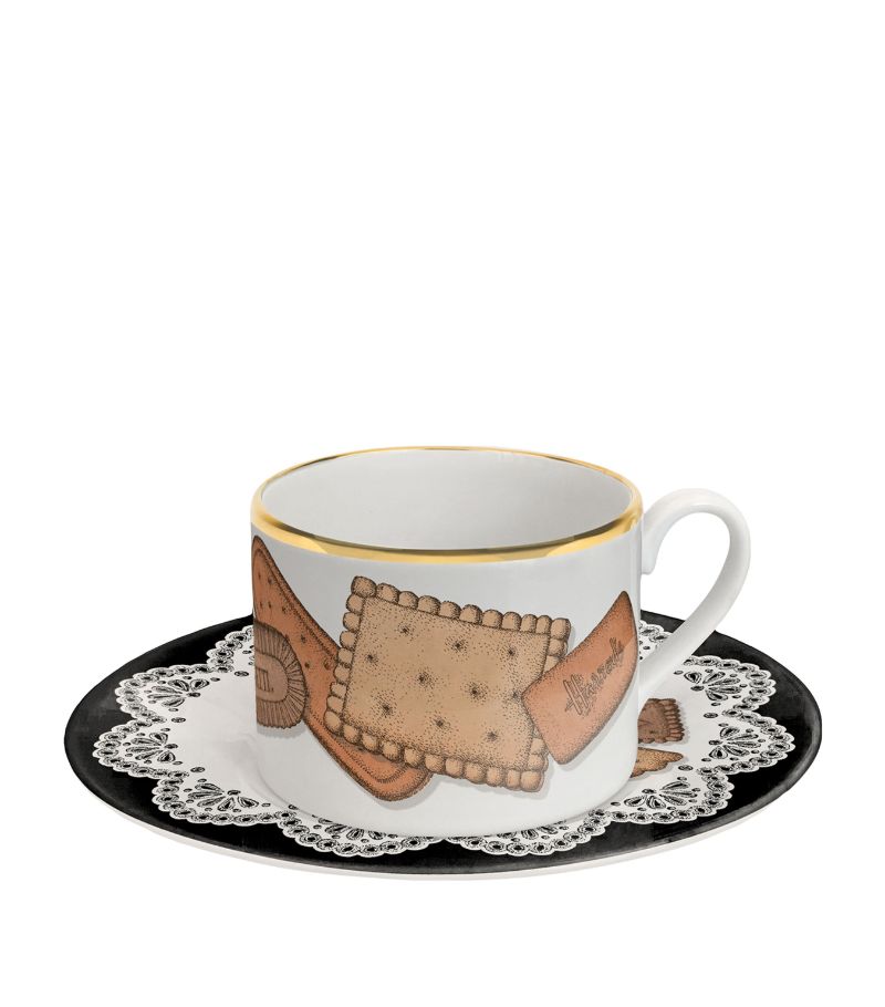 Fornasetti Fornasetti 175 Anniversary Edition Set Of 6 Porcelain Biscotti Teacups And Saucers