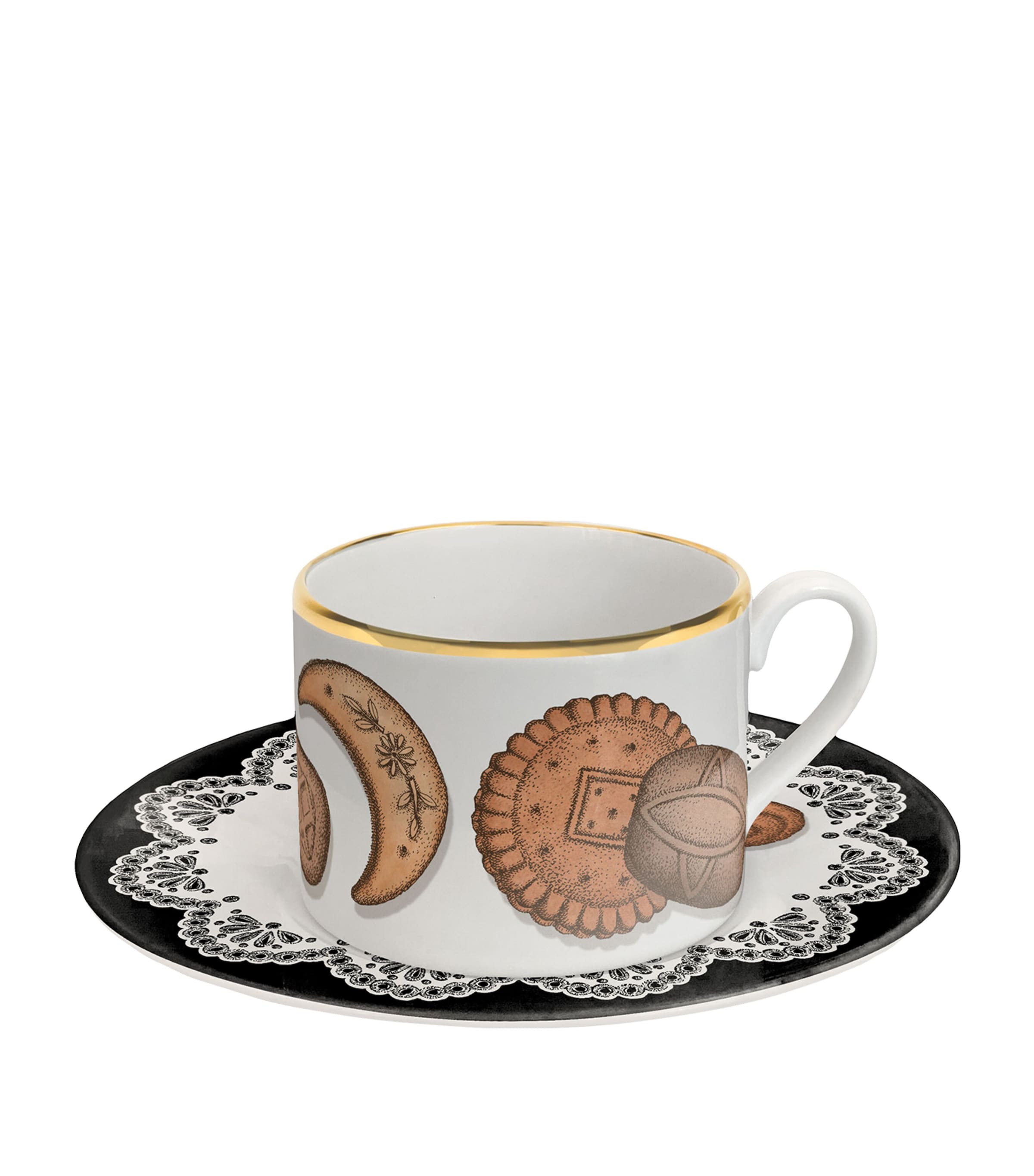 Fornasetti Fornasetti 175 Anniversary Edition Set of 2 Porcelain Biscotti Teacups and Saucers