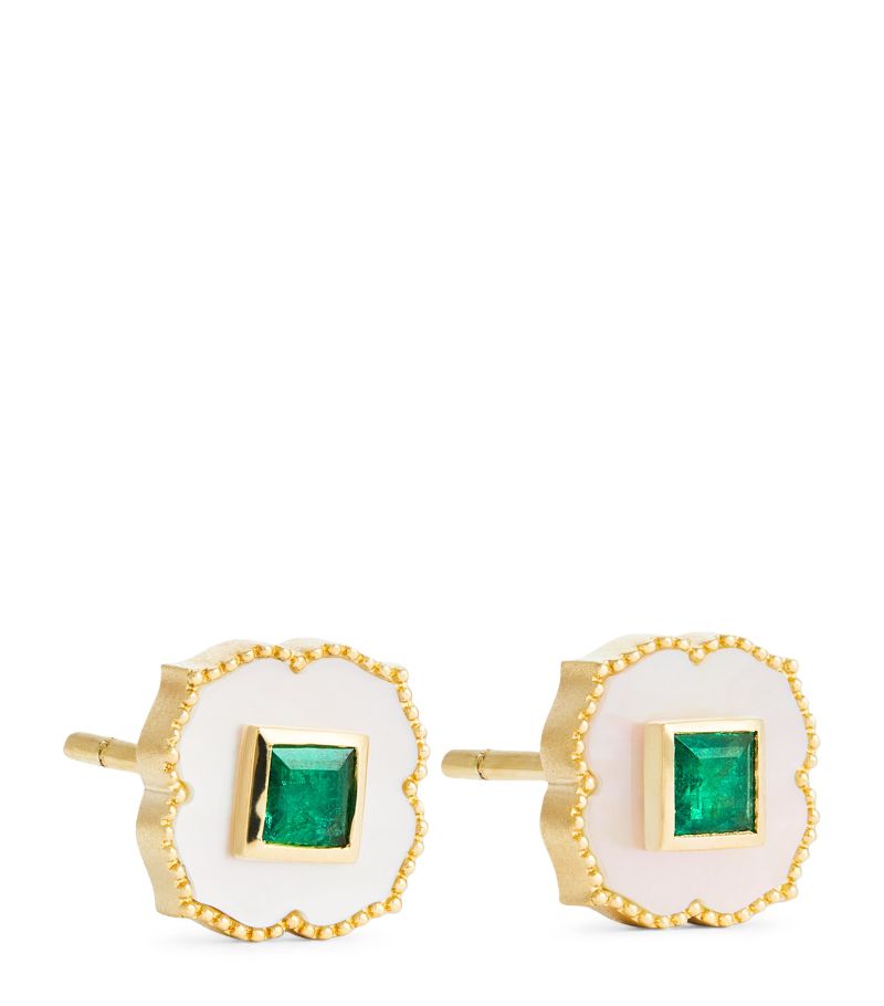 Orly Marcel Orly Marcel Yellow Gold, Emerald And Mother-Of-Pearl Lotus Earrings