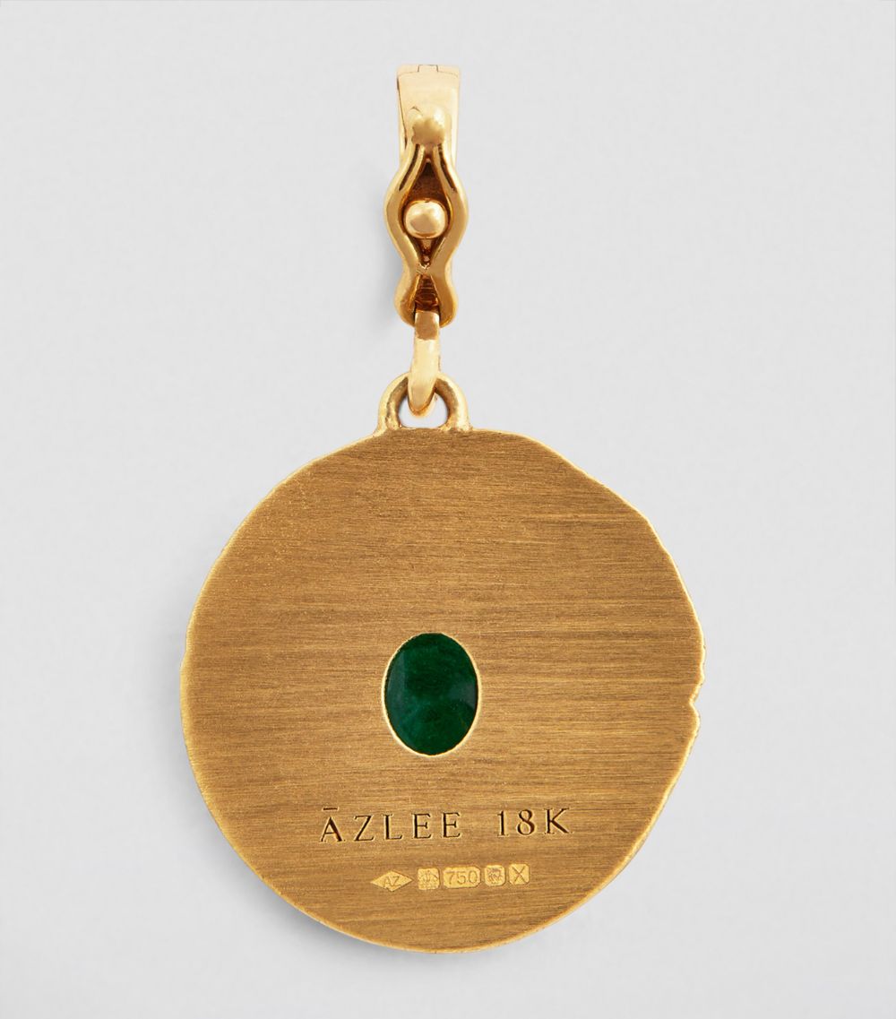 Azlee Azlee Small Yellow Gold, Diamond And Emerald Greek Pattern Coin Charm