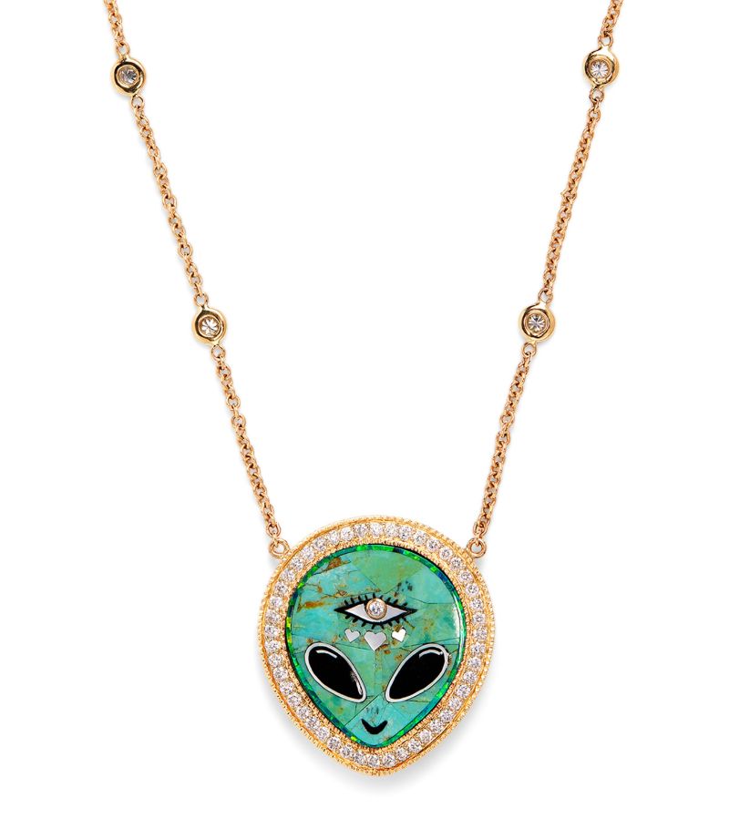 Jacquie Aiche Jacquie Aiche Small Yellow Gold, Diamond, Turquoise And Onyx Inlay Necklace