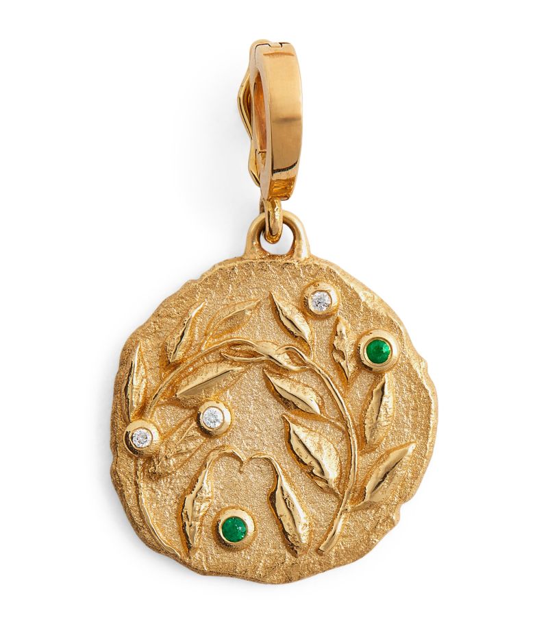 Azlee Azlee Small Yellow Gold, Diamond And Emerald Olive Branch Coin Charm