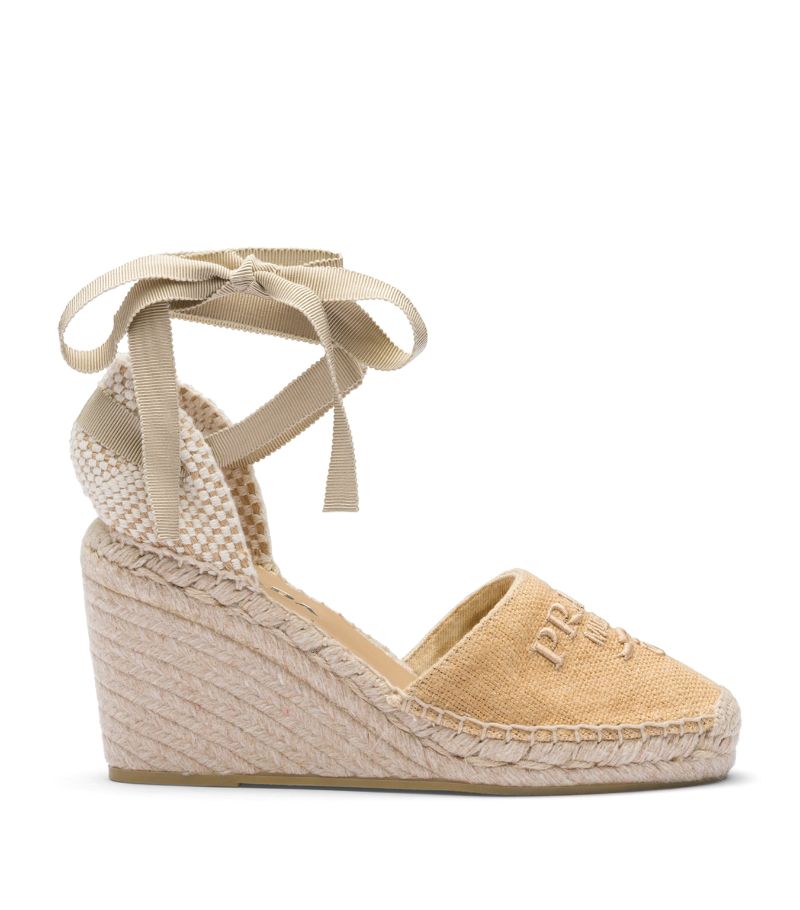 Prada Prada Linen Logo Wedge Sandals 90