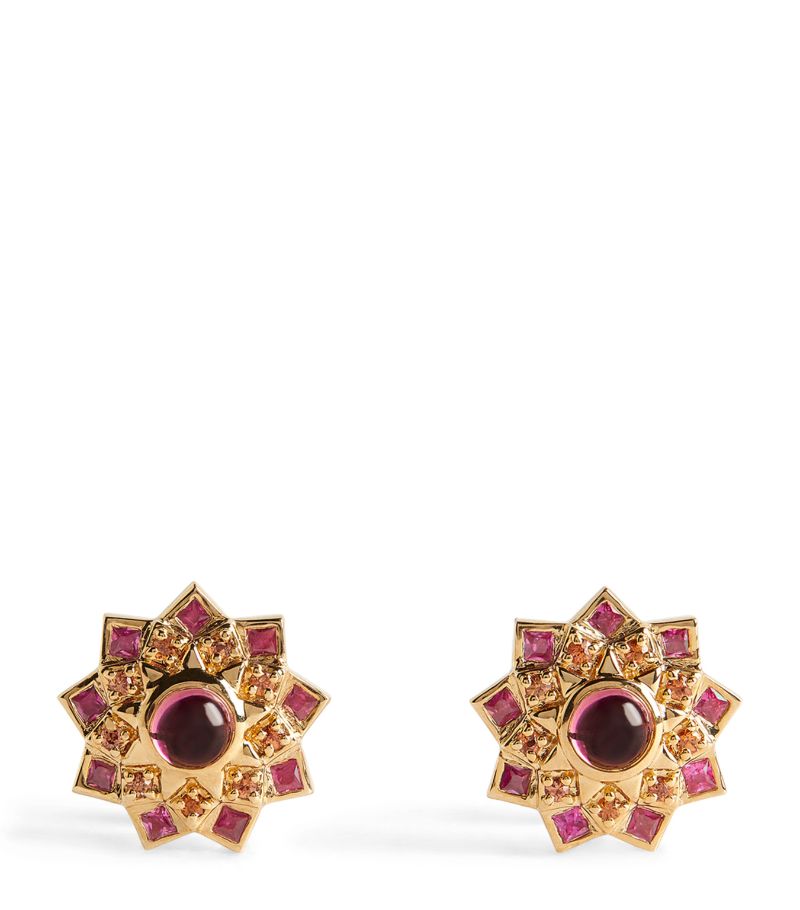 Orly Marcel Orly Marcel Yellow Gold, Ruby, Sapphire And Pink Tourmaline Temple Mandala Earrings