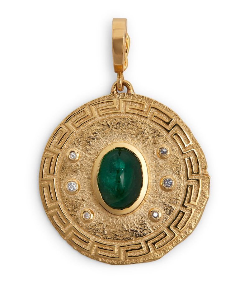 Azlee Azlee Yellow Gold, Diamond and Emerald Large Greek Coin Necklace