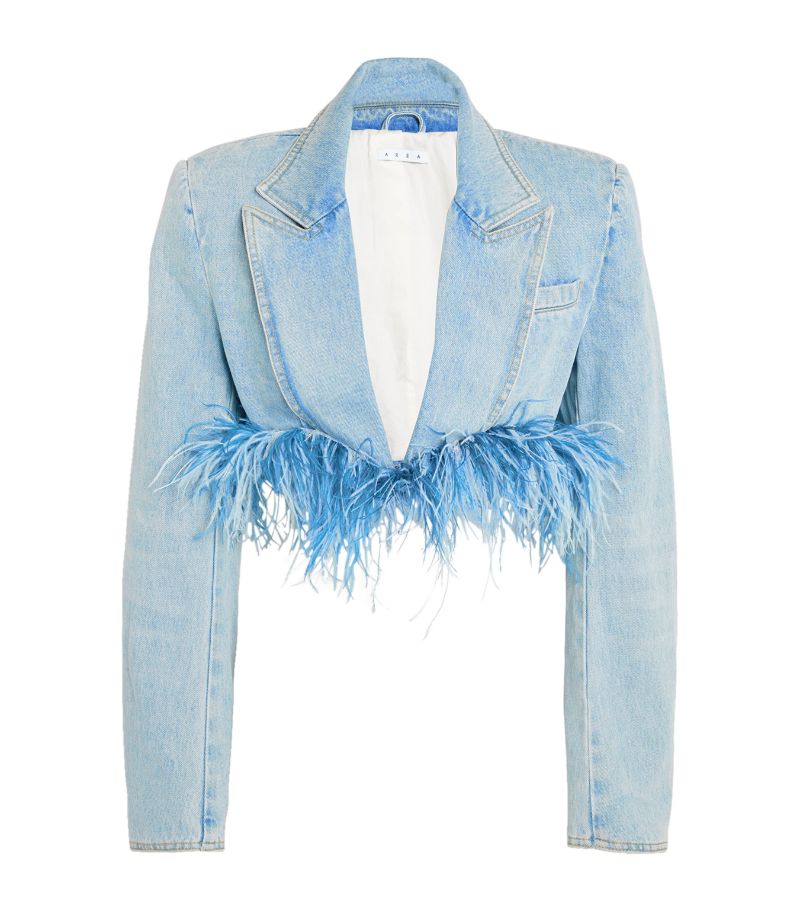  Area Nyc Denim Feather-Trim Cropped Jacket